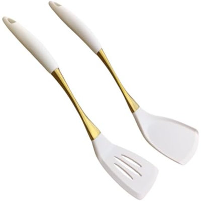 Ensemble de spatules de cuisine résistantes à la chaleur – Ustensiles de cuisine non toxiques avec modèles pleins et ajourés – Silicone de qualité alimentaire et manches en acier inoxydable plaqué or – Idéal pour les ustensiles de cuisine antiadhésifs, couleur or