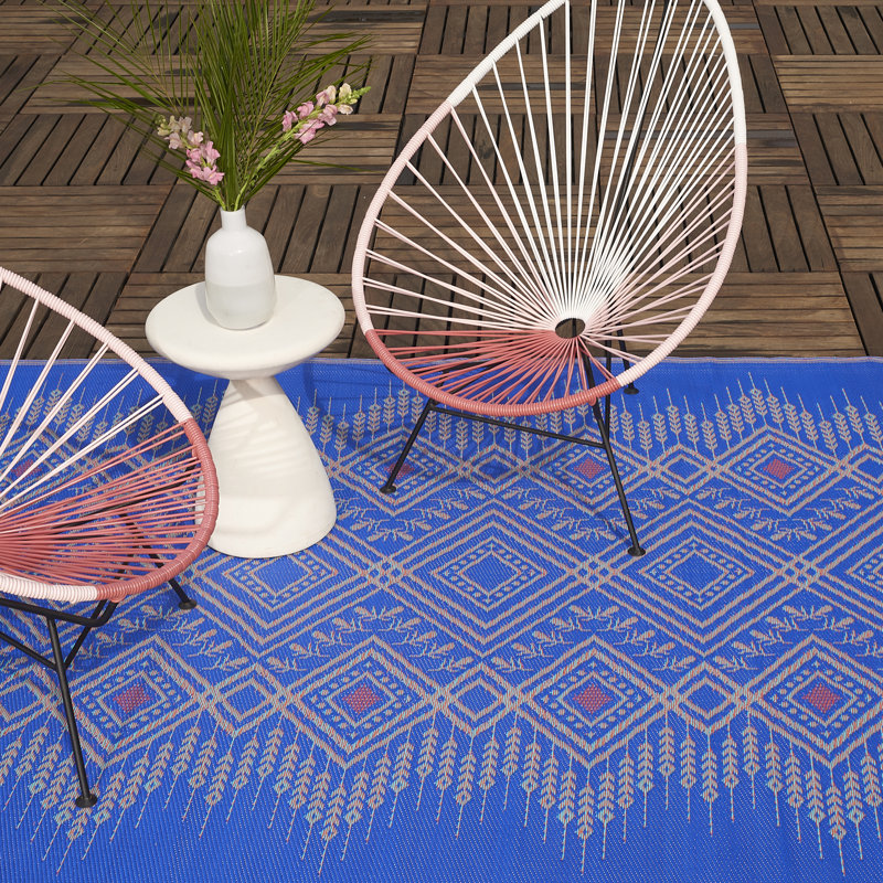 Blue Geometric Reversible Synthetic Outdoor Rug 6' x 9'