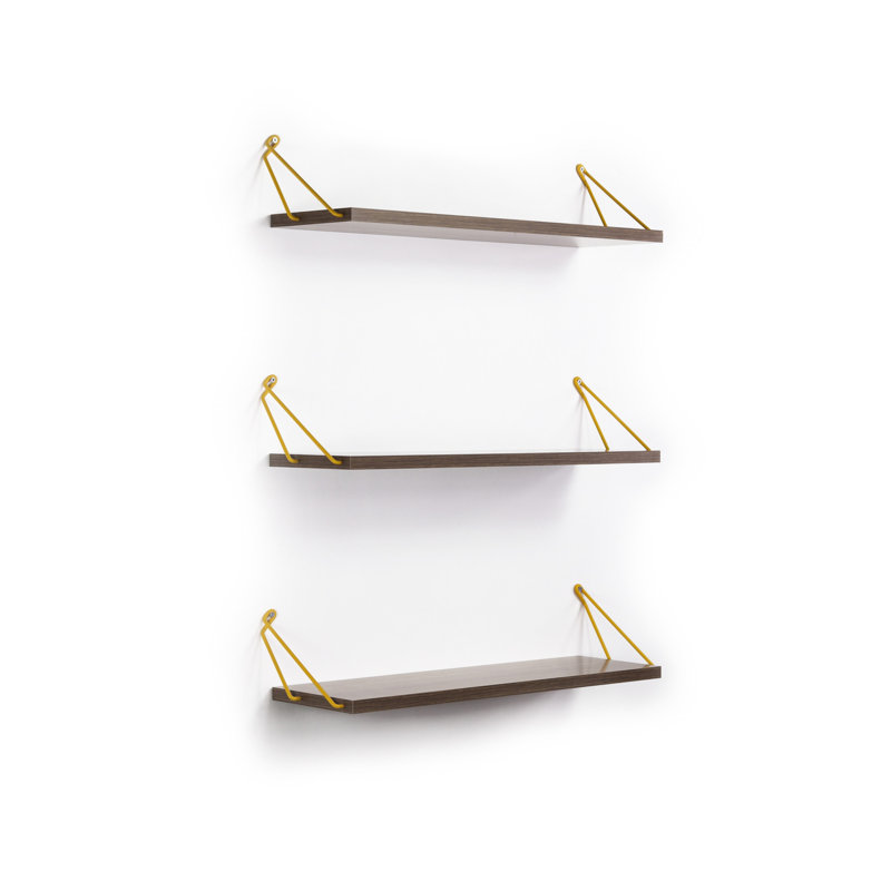 Bibliothèque en bois massif à triple tablette rustique - Fixation murale au fini noyer / jaune pour livres, Noyer / doré