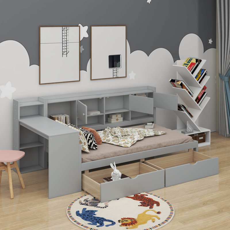 Lit de jour simple avec armoires et tiroirs, Gris