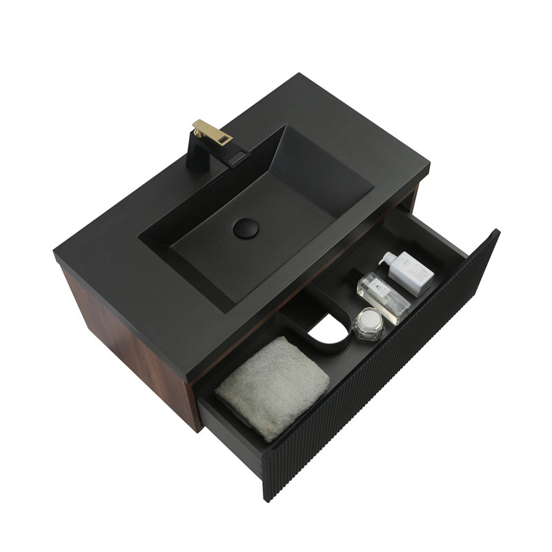 Meuble-lavabo mural moderne 36 po en noyer fumé avec plateau en quartz noir, 36"