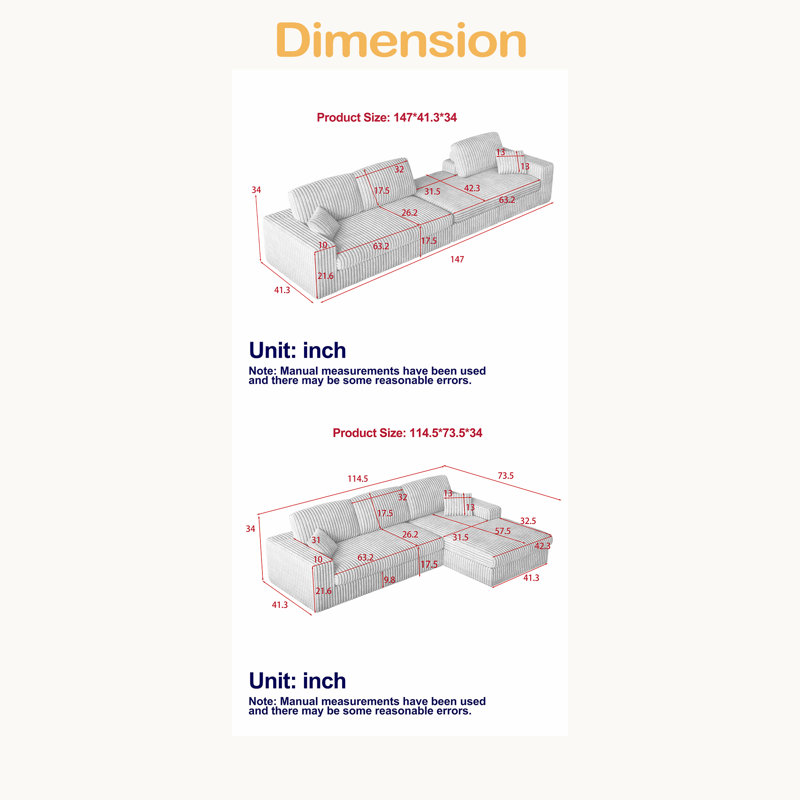 114.5'Modern Corduroy Modular Foam Sofa, Recliner Seat Reversible Sofa, 2-In-1 Sofa With Recliner And L-Shaped Sofa Combination With Three Cushion Neck Pillow Combination And Two Throw Pillows