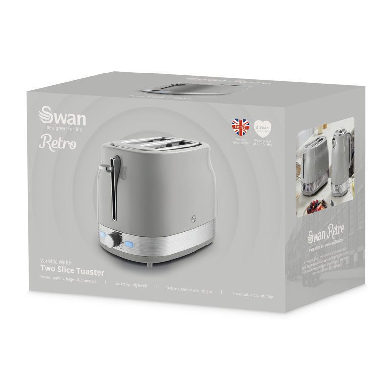 Swan Retro Kitchen Set, 1.7L Rapid Boil Traditional Kettle and 2 Slice Toaster, Non-Slip Feet, Grey