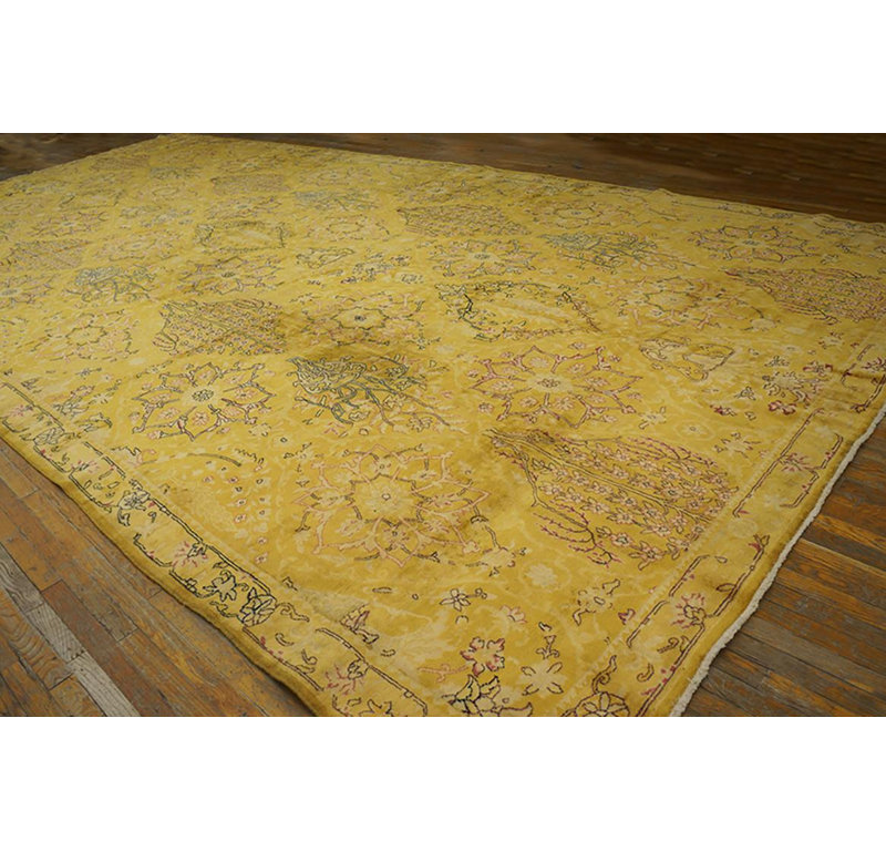 Tapis jaune en laine noué à la main des années 1920 Herati Antique Indian Lahore
