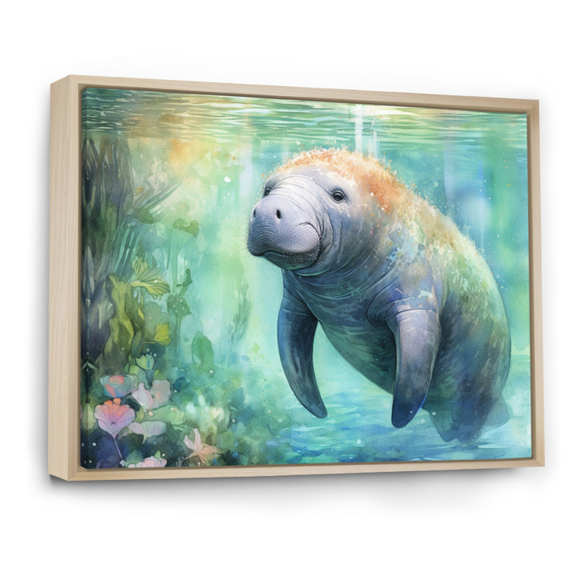 Gentle Manatee II - Animals Canvas Print, Natural Floater Framed, 12" H x 20" W x 1" D