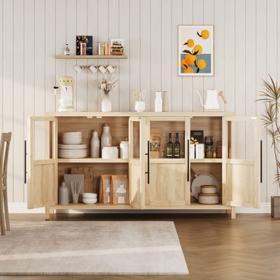 55'' Kitchen Sideboard Buffet Cabinet with Glass Doors, Modern Wood Farmhouse Storage Cabinet, Large Storage Credenza for Dining Living Room, Natural