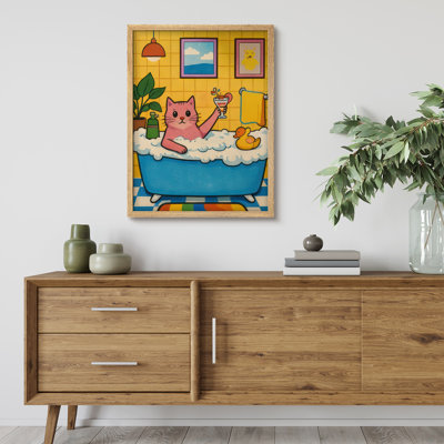 Cute Cat Bath Time Cartoon Framed Wall Art Prints - Playful cat in bathtub with drink, for bathroom or kids room