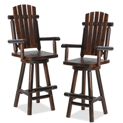  Ensemble de 2 chaises de bar pivotantes en bois massif Adirondack, ensemble de chaises de bar avec tabouret à dossier haut et repose-pieds, chaise haute de 29,9 po pour terrasse, capacité de 500 lb, carbonisée
