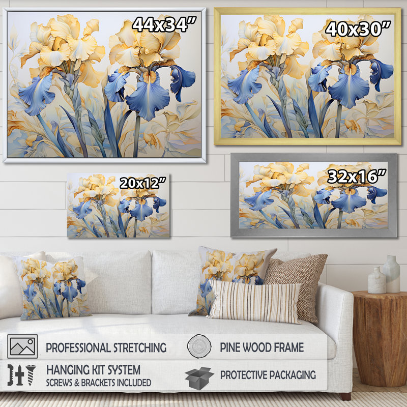 «Golden Blue Irises Melody I» sur toile, Cadre photo noir, H 24 po x l 32 po