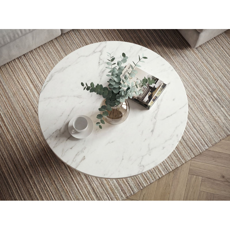 Round White Marble Coffee Table with Gold Aluminium Base, White / Gold, White