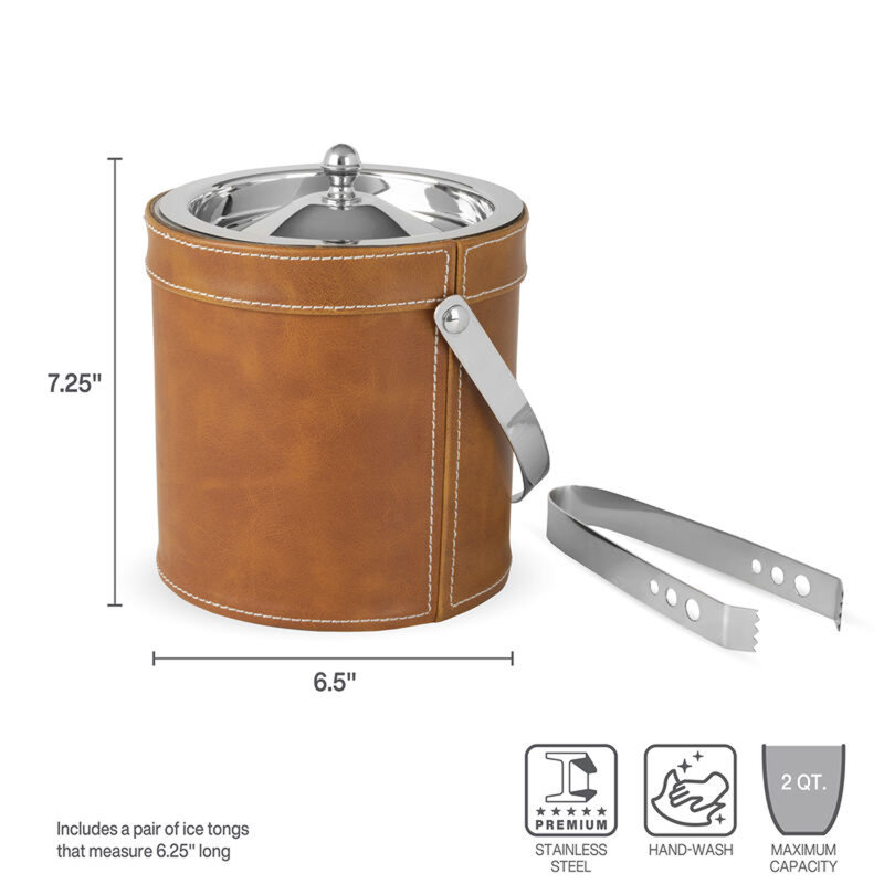 Leather Stitched Double Walled Ice Bucket with Tongs