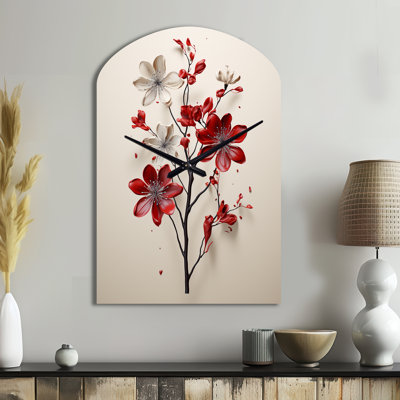 Red Beige Minimalism Essence Of Red Flower - Minimalism Asymmetrical Metal Wall Clock, Red Arch Clock Print