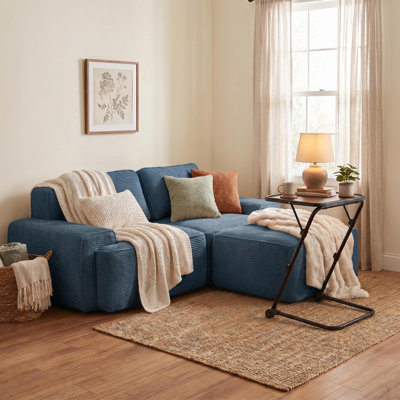 80" L-shaped Modular Sectional Sofa With Ottoman And Folding Tv Tray, Corduroy 2-seater Lounge Chairs With Latop Set, No-assembly 2 Piece For Livng Bedroom Apartment, Navy Blue