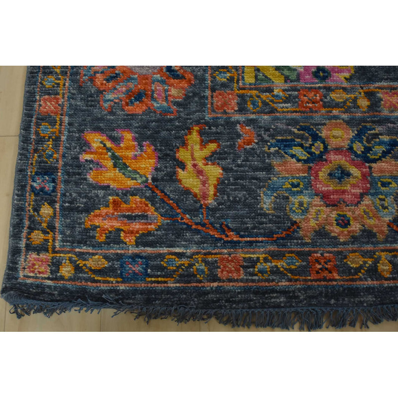 Tapis oriental moderne en laine bleu noué à la main 9 pi 4 po x 8 pi Anatolia