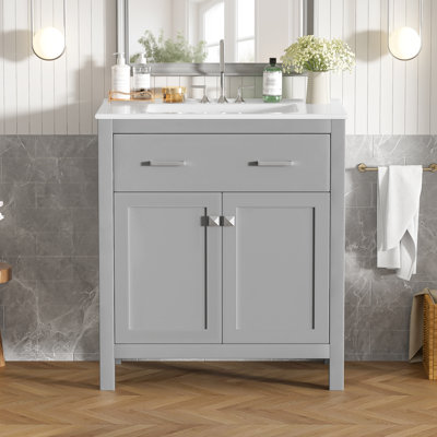 Meuble-lavabo moderne 30 po avec lavabo en céramique, armoire simple, 2 portes à fermeture douce et tablette de rangement | Idée de cadeau