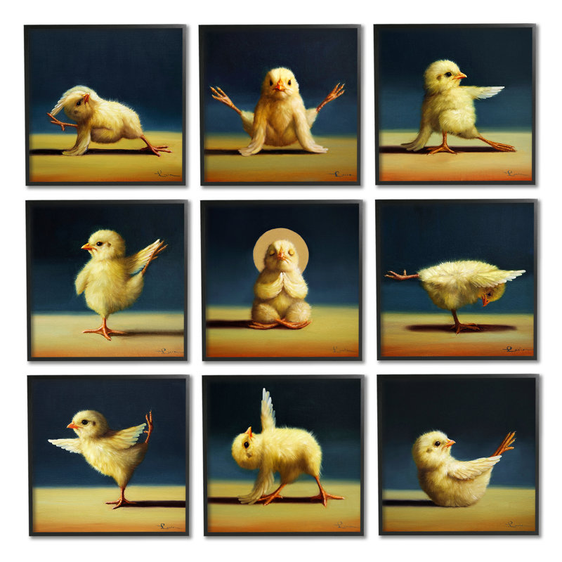 Poussins de yoga rigolos, animaux de la ferme, oiseaux qui s'étirent tranquilles, ensemble de 9 giclées encadrées par Lucia Heffernan