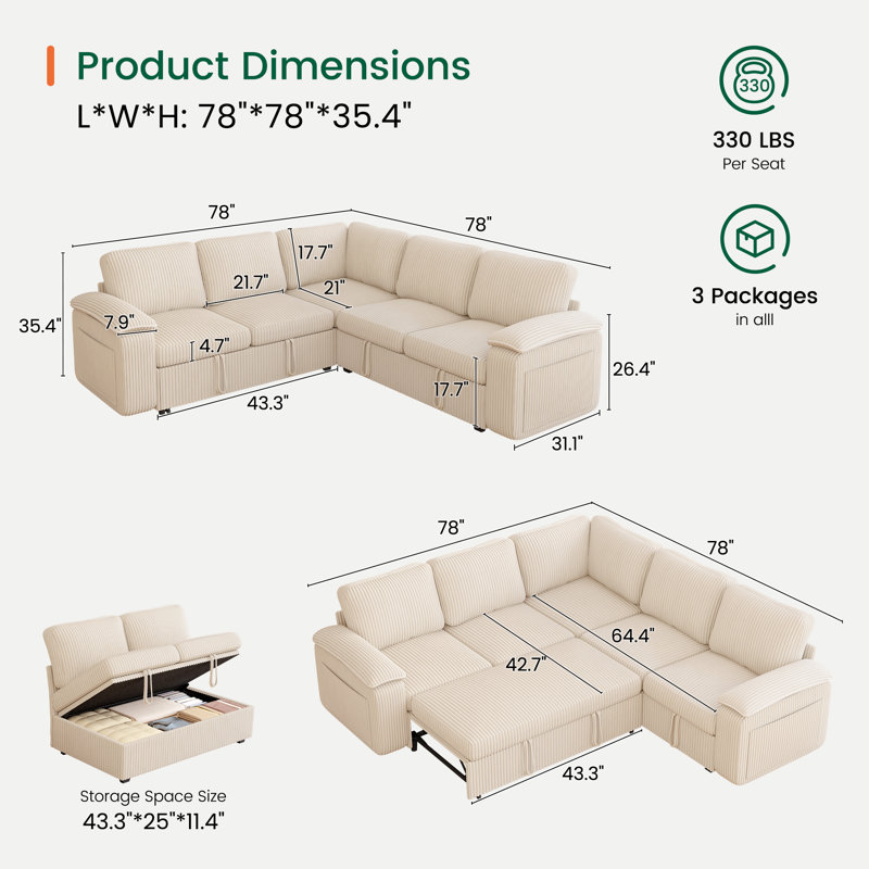 Canapé-lit modulaire en forme de L avec lit escamotable, beige, Beige