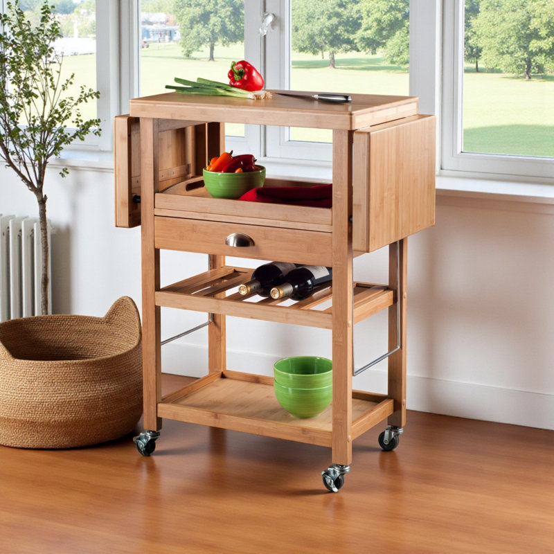 Barton Multi Storage Utility Cart with Wheels in Natural Finish, 35.30'' H X 45.05'' W X 14.60'' D
