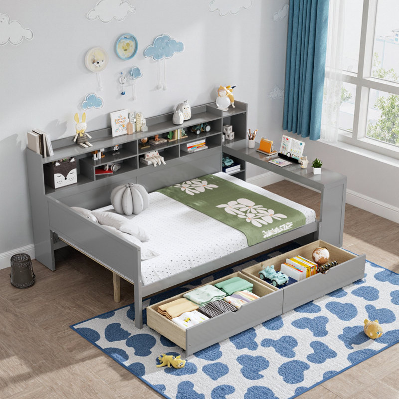 Lit de jour gris avec bureau et rangement | Tablettes intégrées, 2 tiroirs | Lit multifonctionnel peu encombrant, Lit double