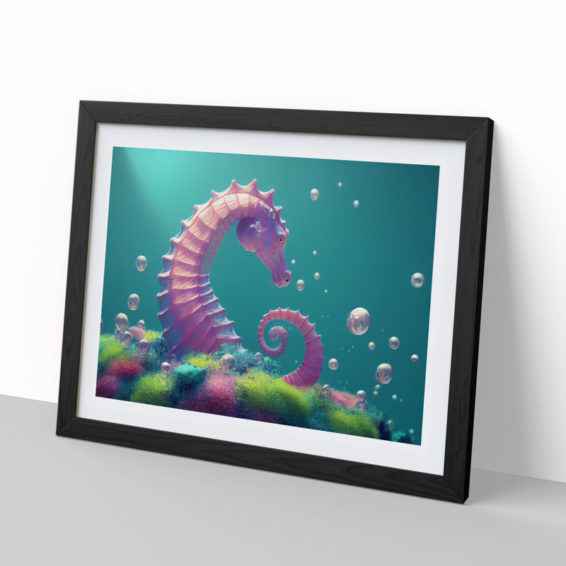 Seahorse Bubbles - Single Picture Frame Print, Black , 25cm H x 34cm W x 2cm D