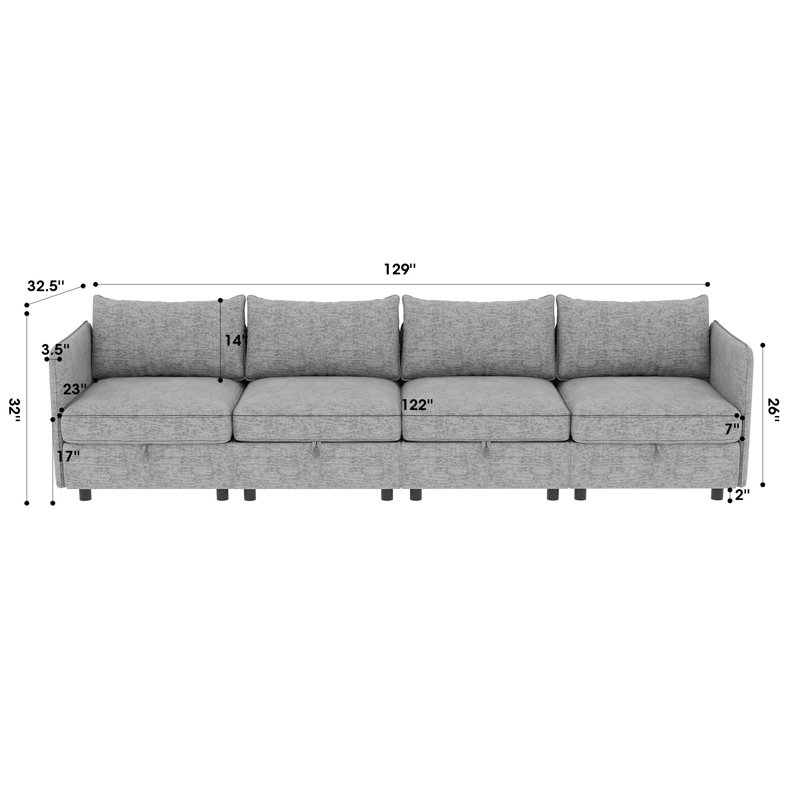Canapé modulaire 4 places modulaire avec rangement caché, canapé convertible avec coussins moelleux, Polyester gris