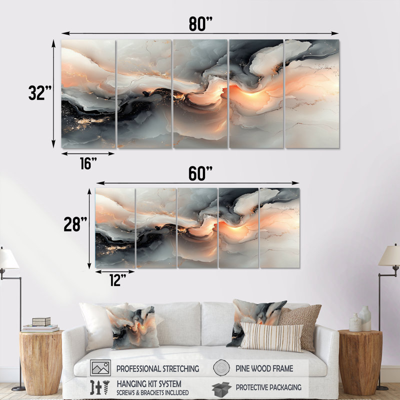 Abstract Geode Grey Marble River Shape II - Marble Canvas Art Set, 32" H x 80" W
