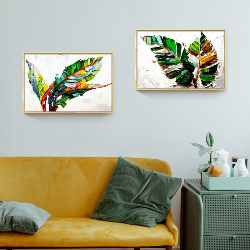 Feuilles vertes 2 pièces, H 16 po x l 48 po x P 1,34 po, Toile avec cadre doré