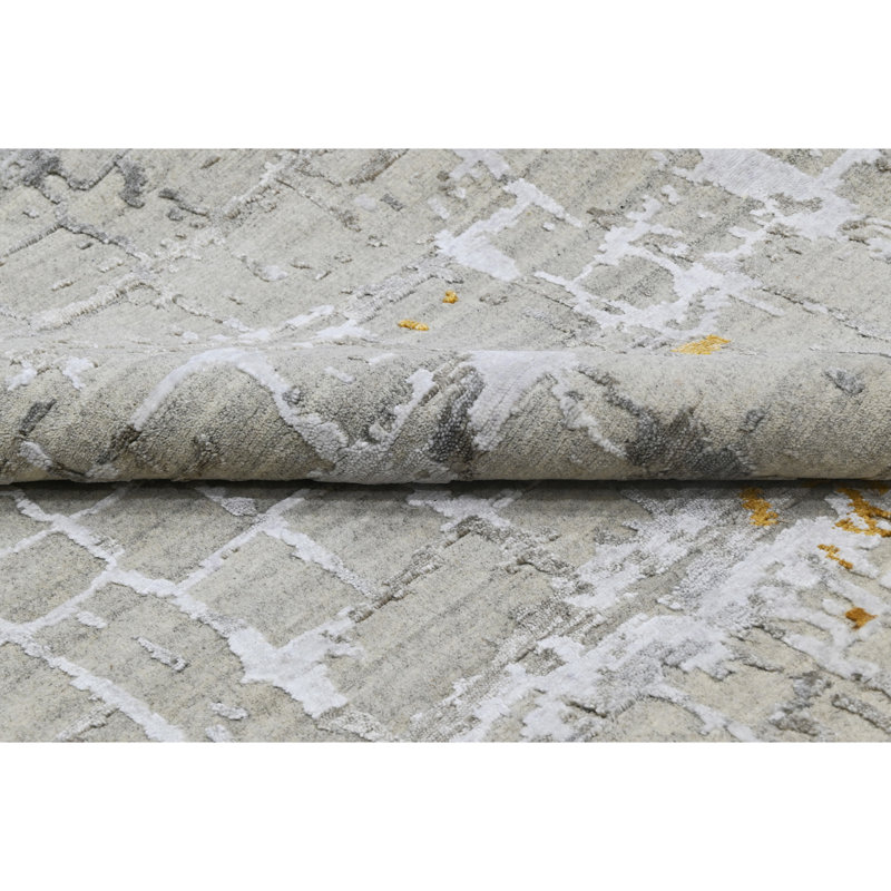 Hand Knotted Abstract Area Rug in Silver/Gray/Sand, Rectangle 3'6" x 4'8"
