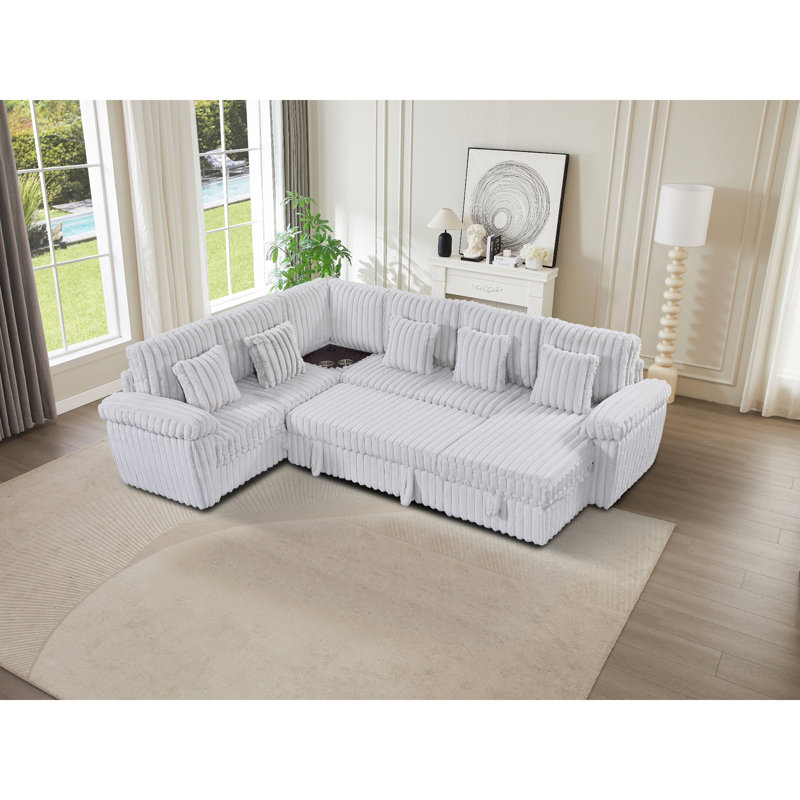 110-Inch U-Shaped Corduroy Sectional Sofa With Storage And Pull-Out Bed, USB Port & Cup Holder,Light Gray