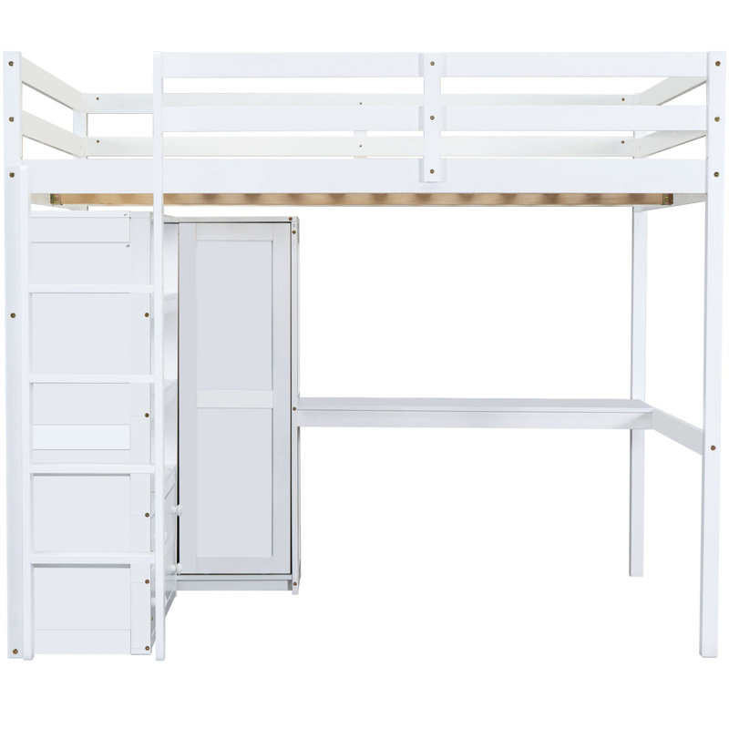 Lit double en bois de pin blanc avec lit garde-robe encastré pour coin lecture, Blanc
