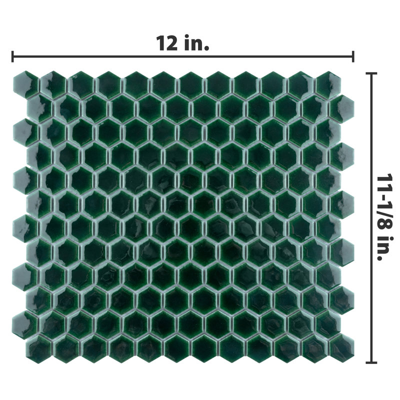 Metro 0.91" x 1.02" Porcelain Honeycomb Mosaic Wall Tile, Emerald