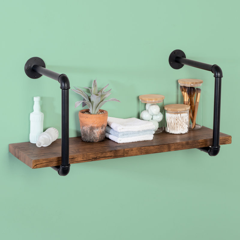 Black and Rustic Brown Industrial Steel and Wood Wall Shelf