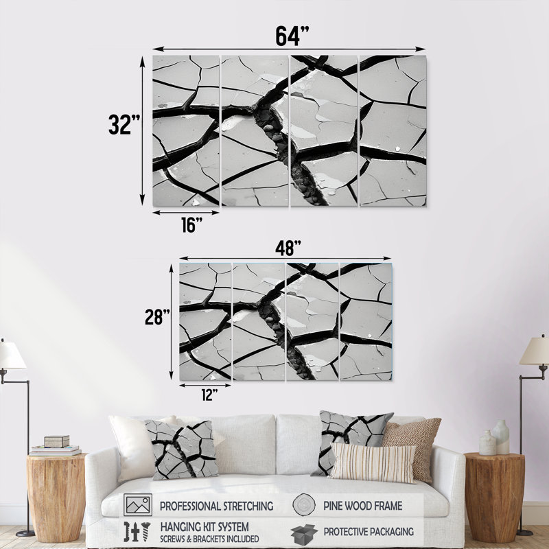 Noir et blanc apaisant fissures - Collages abstraits, art mural 4 pièces, H 28 po x l 48 po