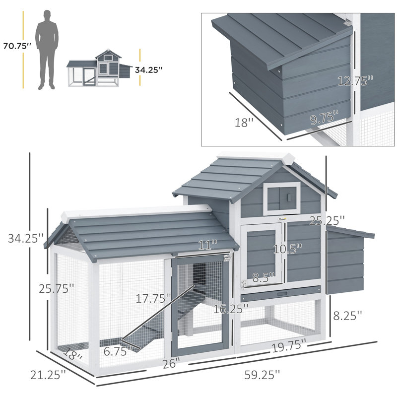 Petit poulailler 59,25 po en bois pour poulailler pour l'extérieur avec 2 portes, un nichoir et un plateau amovible, gris