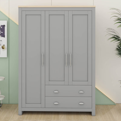 Armoire-penderie 3 portes avec 2 tiroirs, armoire en bois H 67,9 "avec 2 tringles et tablettes