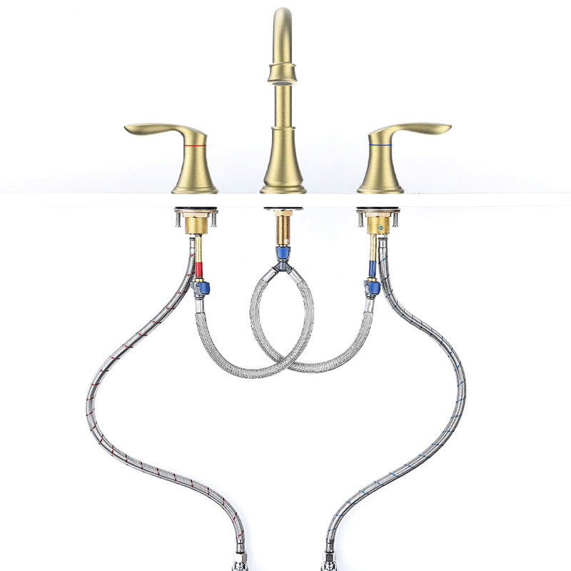 Robinet pour salle de bain à 3 trous brossé or brossé 8 po - leviers en céramique à 2 poignées, bec rotatif 360 °, résistance aux taches