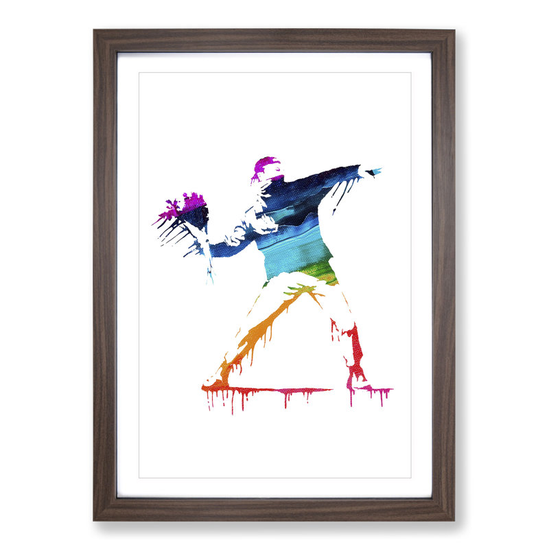 Banksy Flower Thrower - Framed Print, 90cm H x 65cm W x 2cm D, Walnut