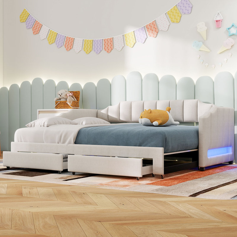 Upholstered Daybed with Expandable Design, Drawers and LED, Beige
