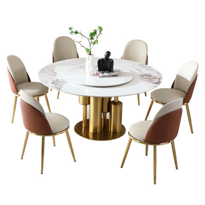 Modern Luxury 59" Round Dining Table For Kitchen And Room, Sintered Stone Surface, 360rotating Lazy , Polished Finish, Simple Lines, Comfortable To To
