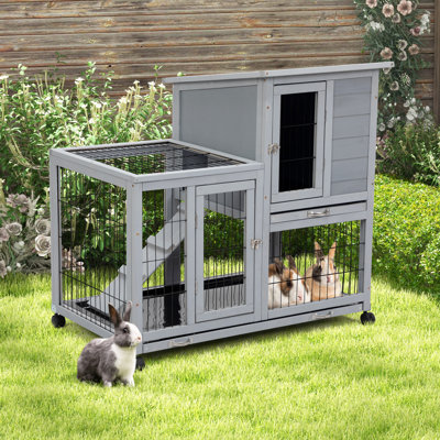 2-tier Wooden Rabbit Hutch With 4 Casters