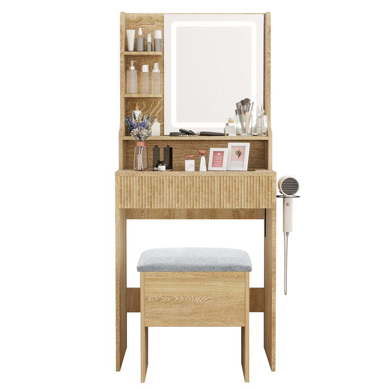 Dressing Table With Charging, Led Lighted Mirror Makeup Vanity With Storage Stool, Glass Tabletop, Orange