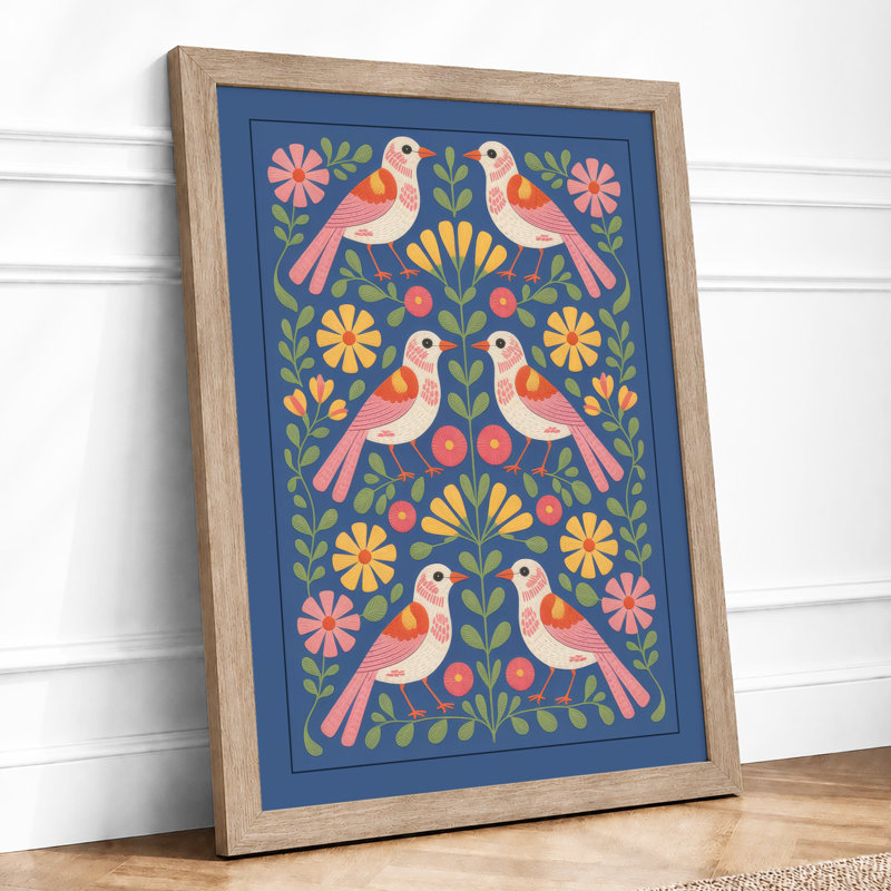 Symmetrical Garden Birds Boho - Framed Print, A1 - 84.1 x 59.4 cm, Oak