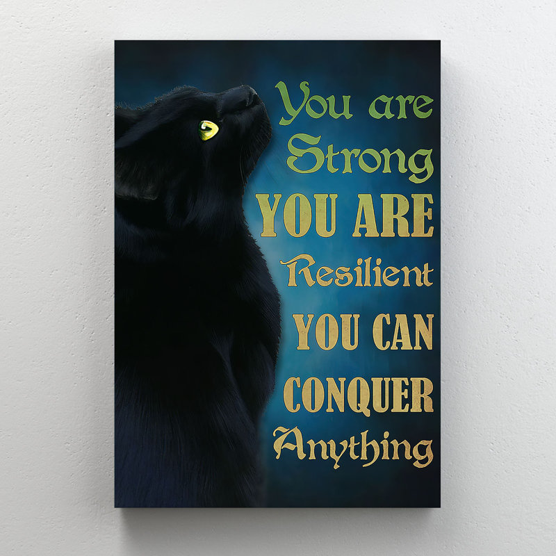 Chat noir sur fond bleu - «You are solid», reproduction d'art graphique sur toile tendue, H 14 po x l 11 po x P 2 po