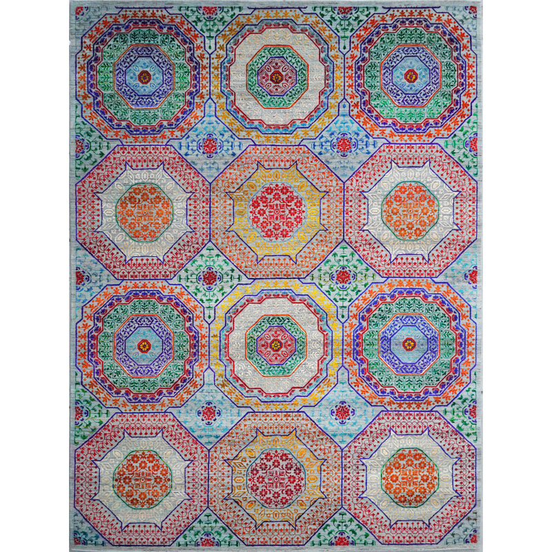 Hand Knotted Area Rug in Blue/Green/Red/Gray, Rectangle 9' x 12'