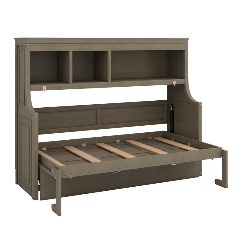 Lit escamotable avec bureau et tablettes de rangement, Gris