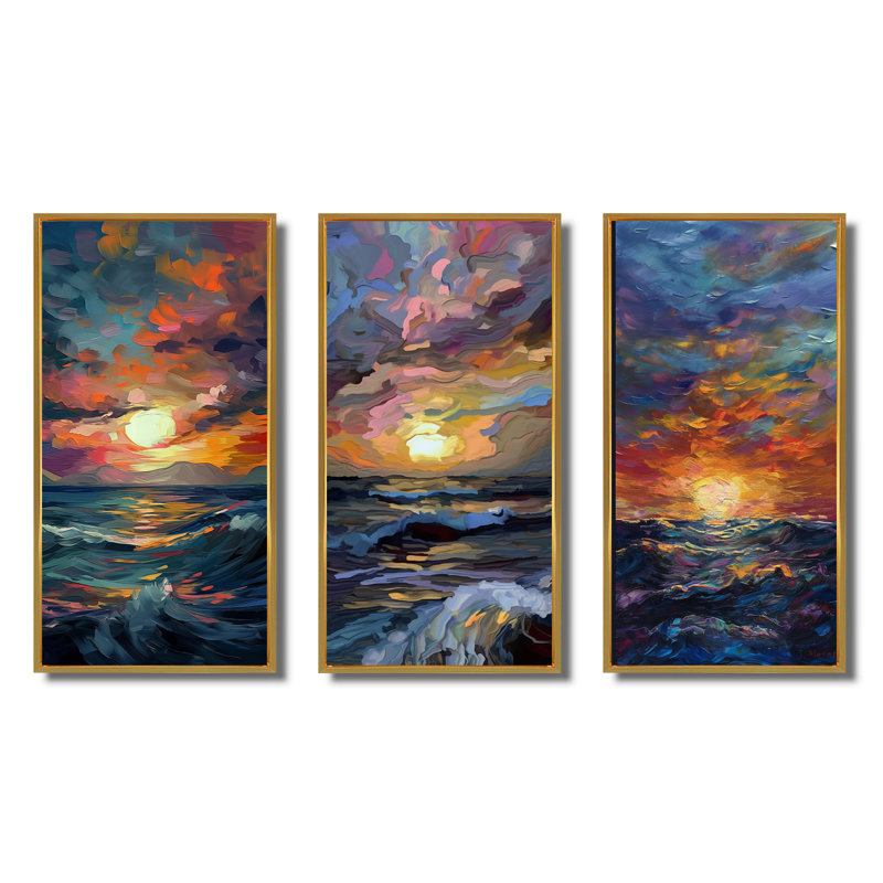 «Coastal Cloudy Sunset Contemplation Wild Waves», 3 pièces sur toile, Cadre flottant doré, H 20 po x l 36 po