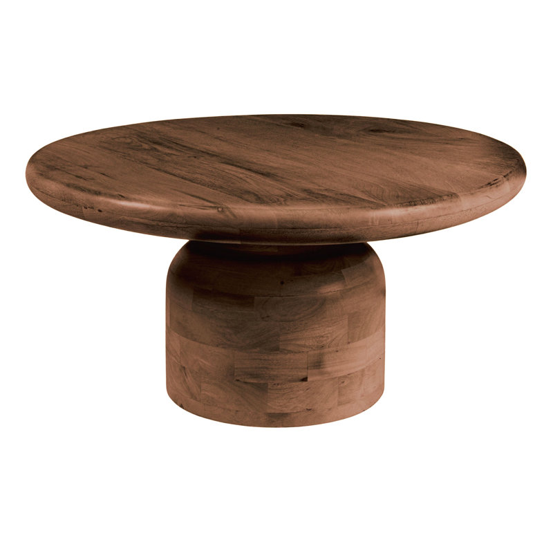 Kashida Round Mango Wood Coffee Table with Stacked End Grain Base, Walnut
