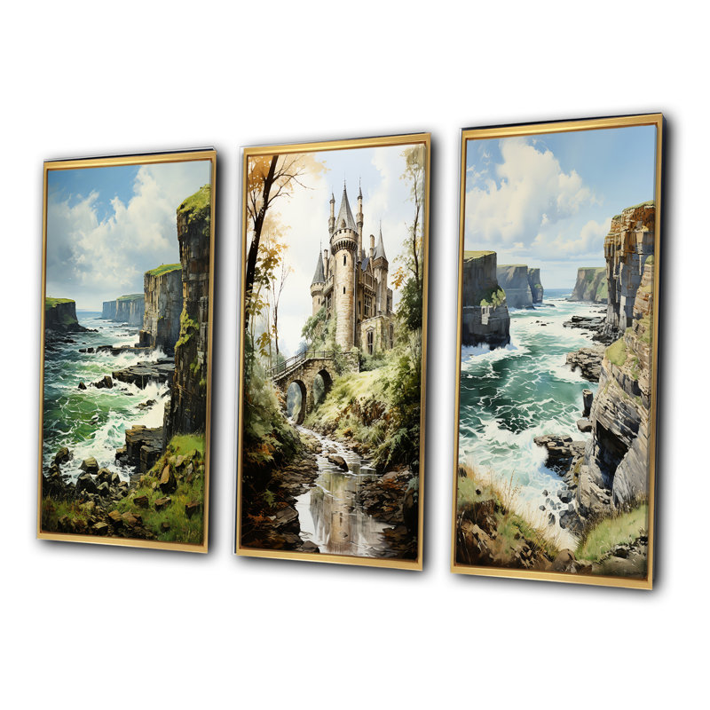 «England Majestic Cliffsengland Landscape», 3 pièces sur toile, Encadrement doré, H 20 po x l 36 po