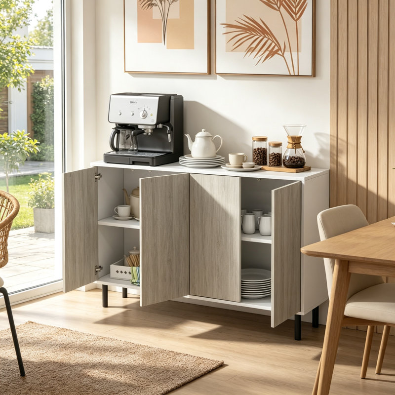 White Wood-Effect Sideboard Buffet Cabinet, 4 Handleless Push-Open Doors Storage Cabinet with Adjustable Shelves & Pine Legs