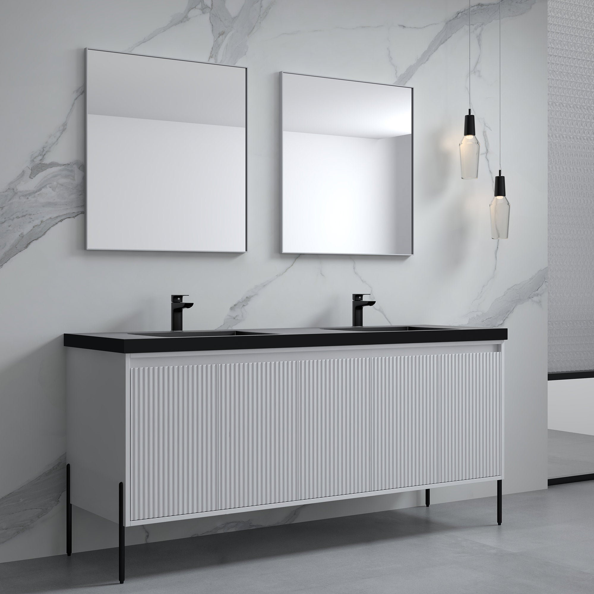 Socwell 73'' Double Bathroom Vanity with Resin Top, White, Black